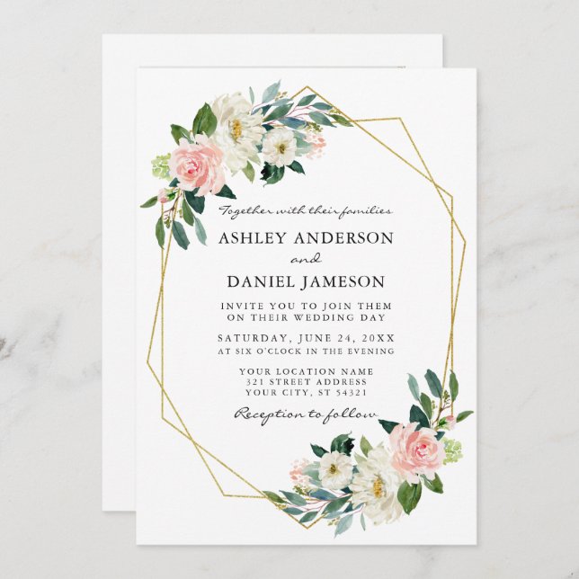 Watercolor Pink Blush Floral Gold Frame Photo Invitation (Front/Back)