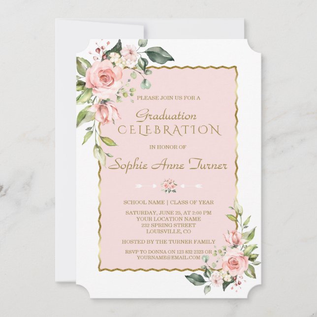 Watercolor Pink Blush Floral Gold Graduation Party Invitation (Front)