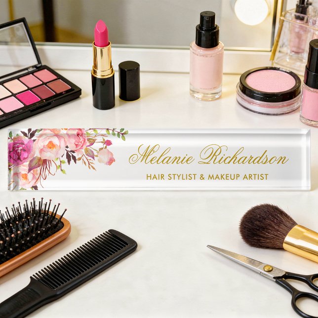 Watercolor Pink Blush Floral Gold Nameplate (Customize to change text size, style or text color.)