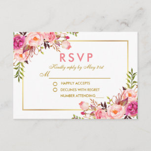 Watercolor Pink Blush Floral Gold RSVP Wedding Card