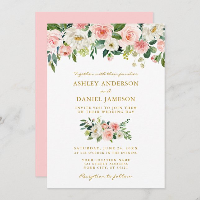 Watercolor Pink Blush Floral Gold Wedding Invitation (Front/Back)