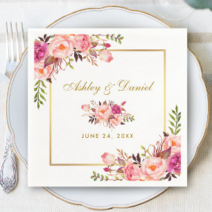 Watercolor Pink Blush Floral Gold Wedding Napkin