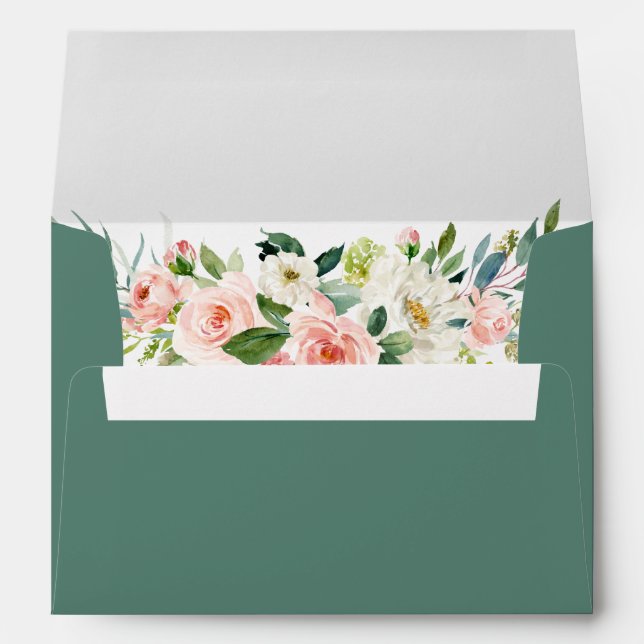 Watercolor Pink Blush Floral Green Envelope (Back (Bottom))