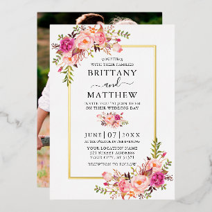 Watercolor Pink Blush Floral Photo Wedding Gold