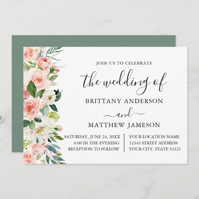 Watercolor Pink Blush Floral Sage Green Wedding  Invitation (Front/Back)