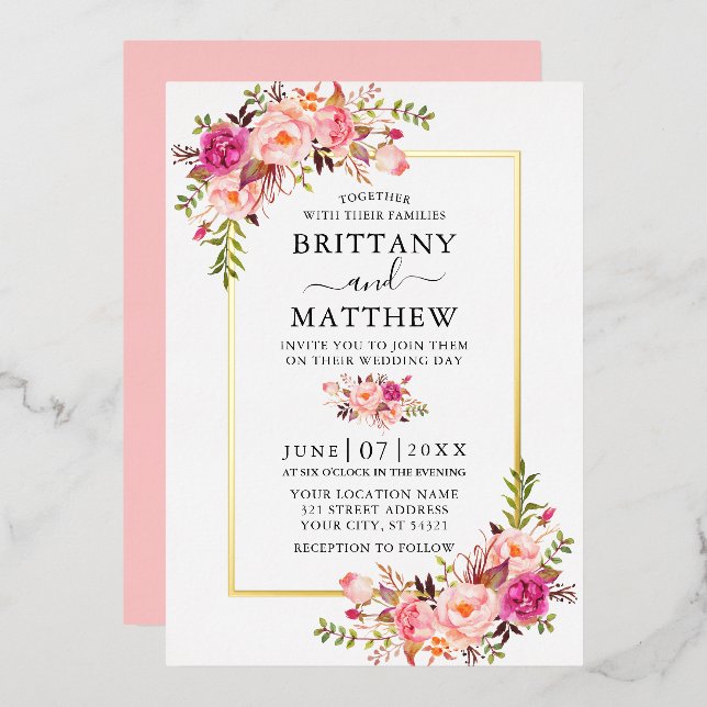 Watercolor Pink Blush Floral Wedding Gold (Front/Back)