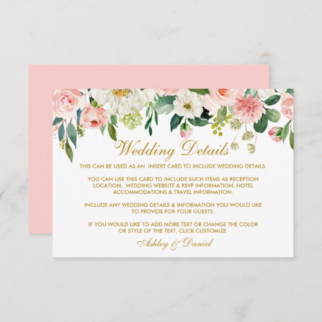 Watercolor Pink Blush Floral Wedding Gold Enclosure Card (Front/Back)