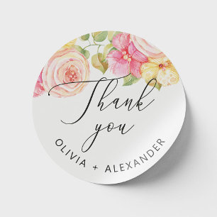 Watercolor pink blush floral wedding thank you classic round sticker