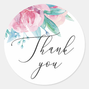 Watercolor pink blush floral wedding thank you classic round sticker