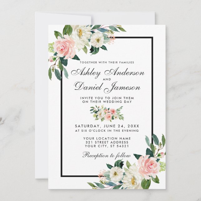 Watercolor Pink Blush Floral White Wedding Invitation (Front)
