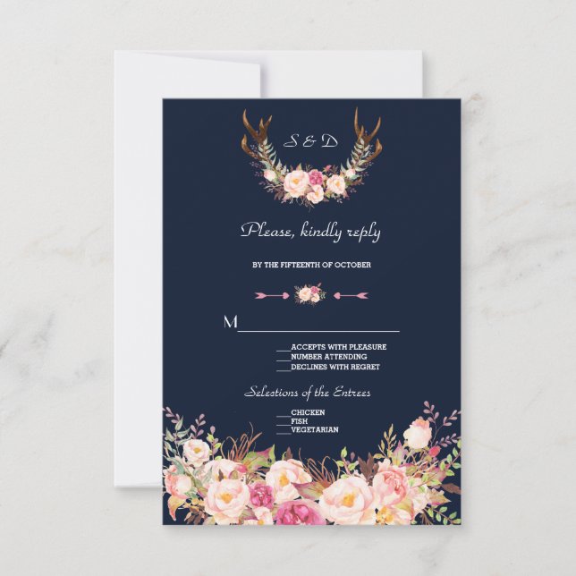 Watercolor Pink Blush Flowers Antlers Wedding RSVP Card (Front)