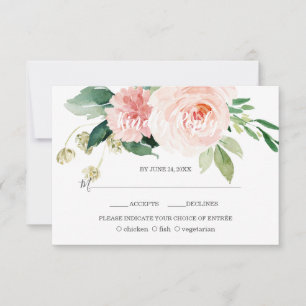 Watercolor Pink Blush Flowers Deep Aqua Wedding RSVP Card