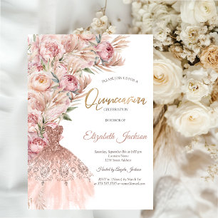Watercolor Pink Blush Flowers Dress Quinceanera Invitation