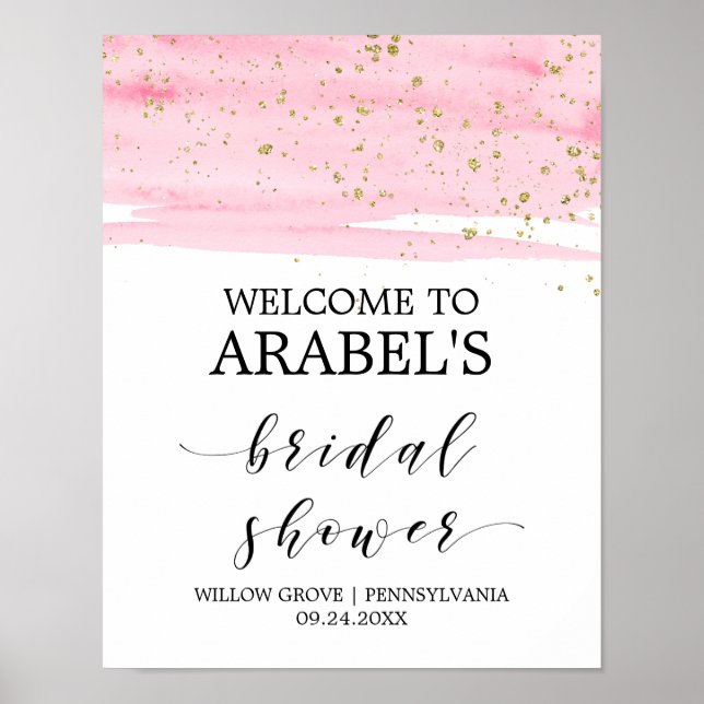 Watercolor Pink Blush & Gold Bridal Shower Welcome Poster (Front)
