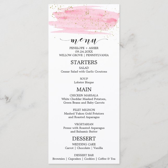 Watercolor Pink Blush & Gold Sparkle Wedding Menu (Front)