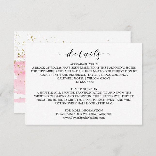 Watercolor Pink Blush & Gold Wedding Details Card (Front/Back)