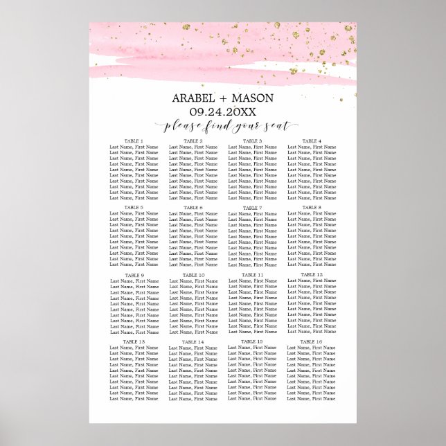 Watercolor Pink Blush & Gold Wedding Seating Chart (Front)