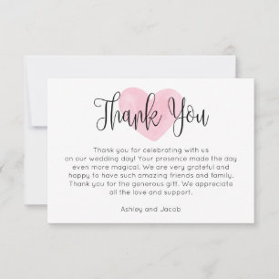 Watercolor pink blush heart. Modern script wedding Thank You Card