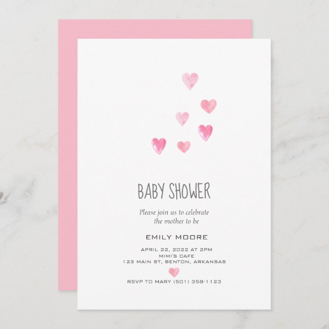 Watercolor pink blush hearts simple baby shower invitation (Front/Back)