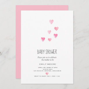 Watercolor pink blush hearts simple baby shower invitation