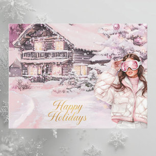 Watercolor Pink Blush Ski Chalet Happy Holidays Holiday Postcard