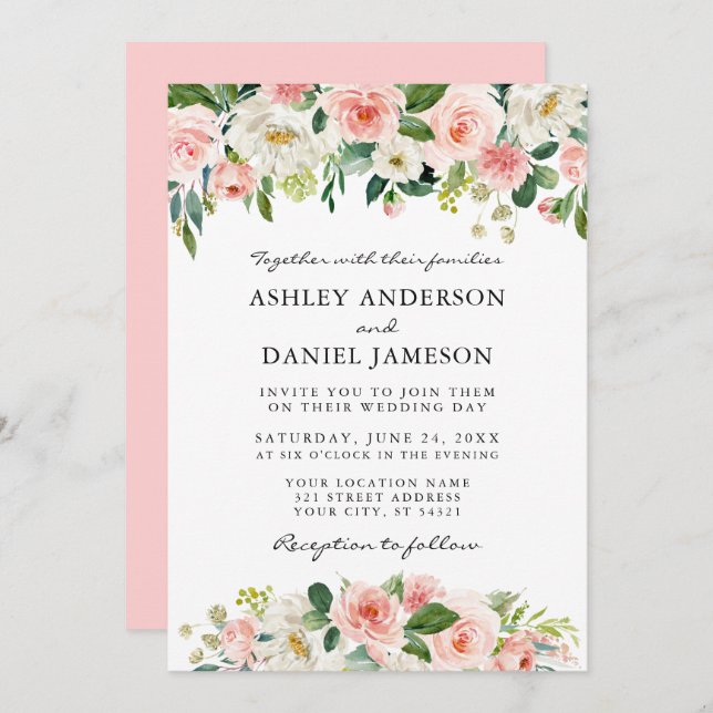 Watercolor Pink Blush White Floral Elegant Wedding Invitation (Front/Back)