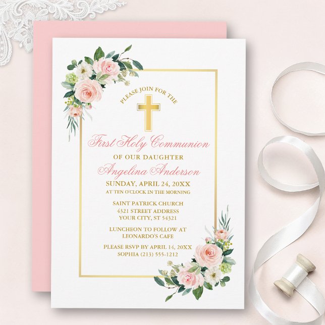 Watercolor Pink Blush White Floral Gold Communion Invitation (Customize to change text color, style, add text & photos to back or change color of back of card.)