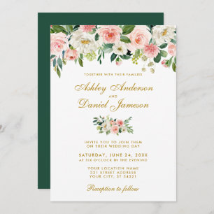 Watercolor Pink Blush White Floral Gold Wedding G Invitation