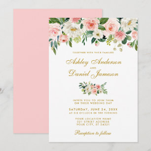 Watercolor Pink Blush White Floral Gold Wedding P Invitation