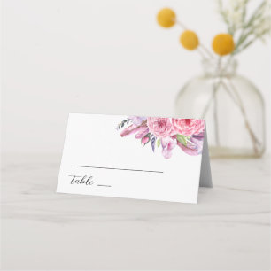 Watercolor pink boho floral feathers wedding place card