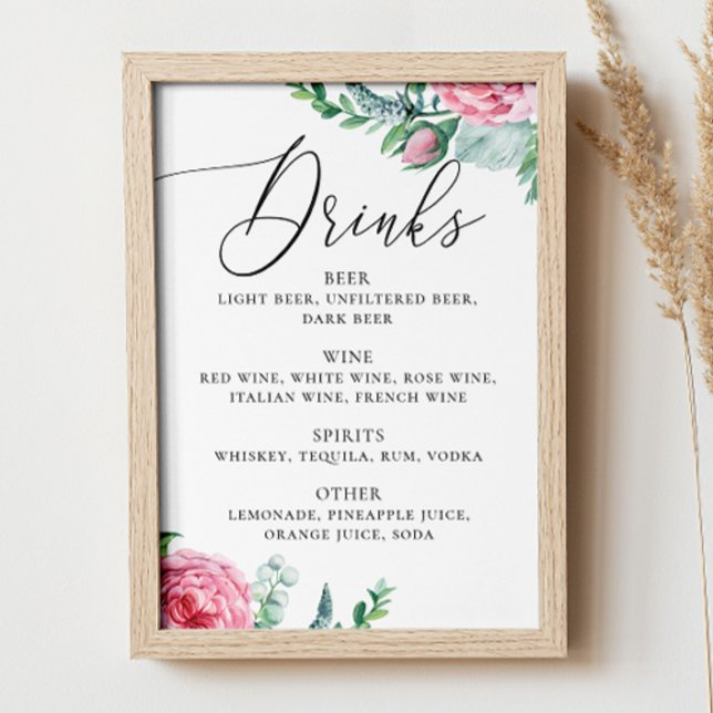 Watercolor pink boho floral wedding alcohol drinks poster (Creator Uploaded)