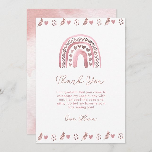 Watercolor Pink Boho Rainbow  Thank You Card (Front/Back)
