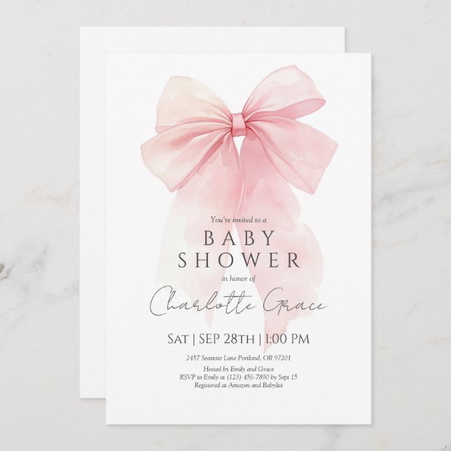 Watercolor Pink Bow Baby Shower Invitation (Front/Back)