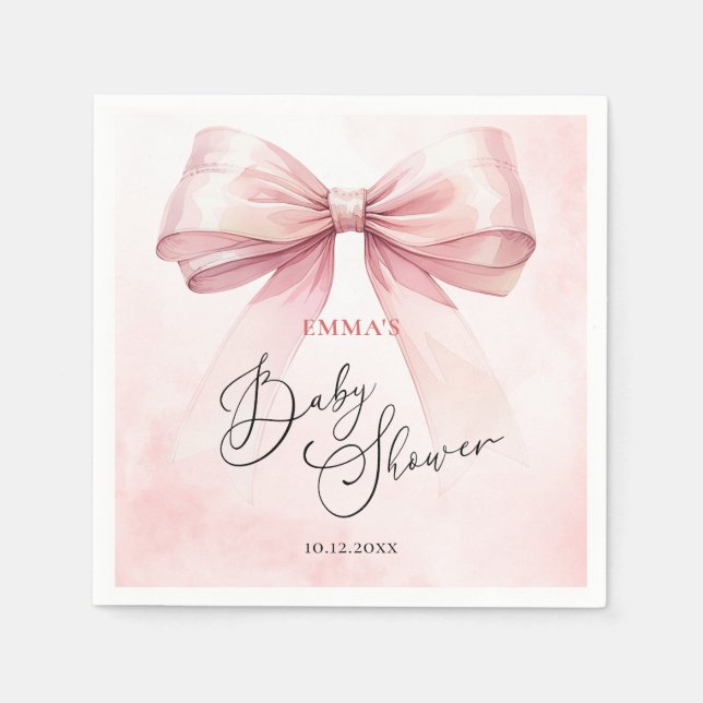 Watercolor Pink Bow Baby Shower Napkin (Front)