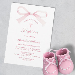 Watercolor Pink Bow Baptism Invitation