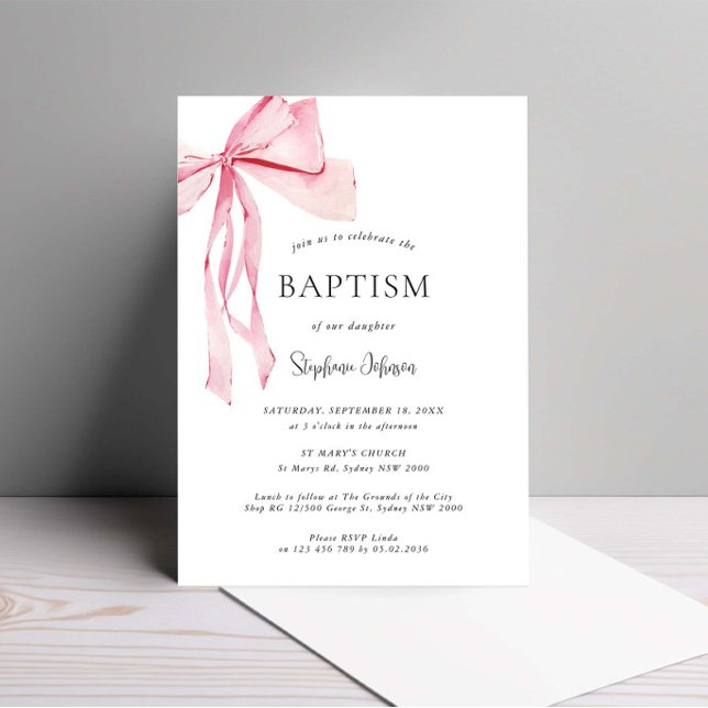 Watercolor Pink Bow Baptism Invitation (Creator Uploaded)