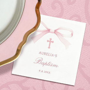 Watercolor Pink Bow Baptism Napkin