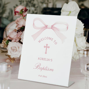 Watercolor Pink Bow Baptism Welcome Pedestal Sign