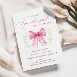 Watercolor Pink Bow Christmas 1st Birthday Invitation