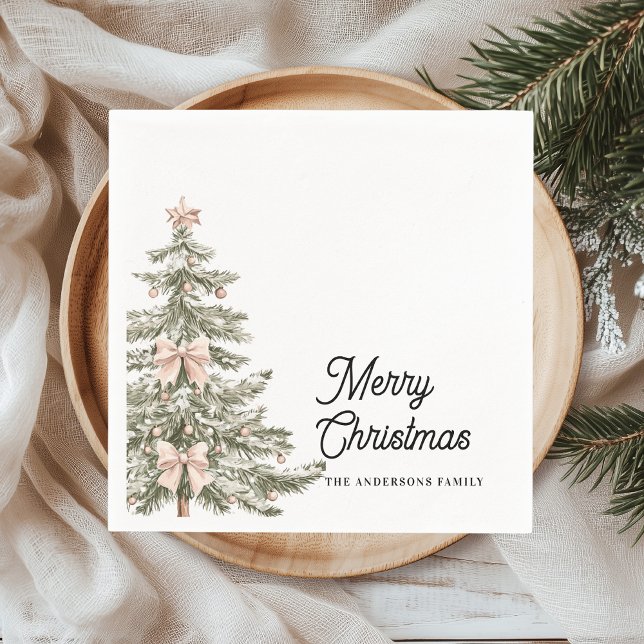 Watercolor Pink Bow Christmas Tree Personalized Napkin (Creator Uploaded)