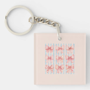 Watercolor Pink Bow Collection Blue Stripe Coquett Key Ring