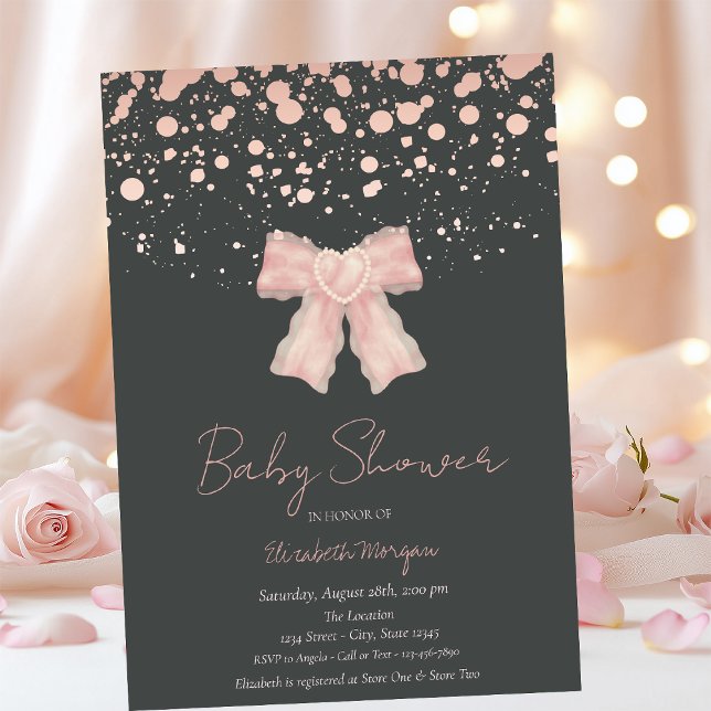 Watercolor Pink Bow Confetti Rose Gold Baby Shower Invitation (Creator Uploaded)