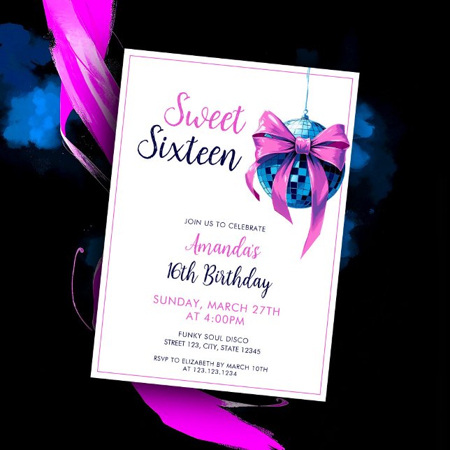 Watercolor Pink Bow Disco Ball Sweet 16 Birthday Invitation (Creator Uploaded)
