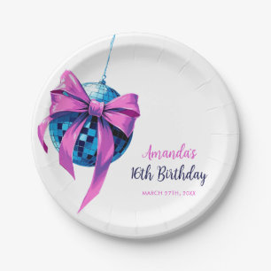 Watercolor Pink Bow Disco Ball Sweet 16 Birthday Paper Plate