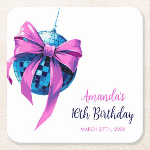 Watercolor Pink Bow Disco Ball Sweet 16 Birthday Square Paper Coaster