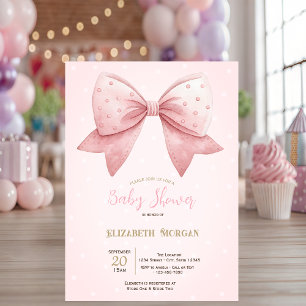 Watercolor Pink Bow Dots Baby Shower  Invitation