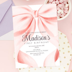 Watercolor Pink Bow First Birthday Invitation