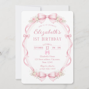 Watercolor Pink Bow First Birthday Invitation