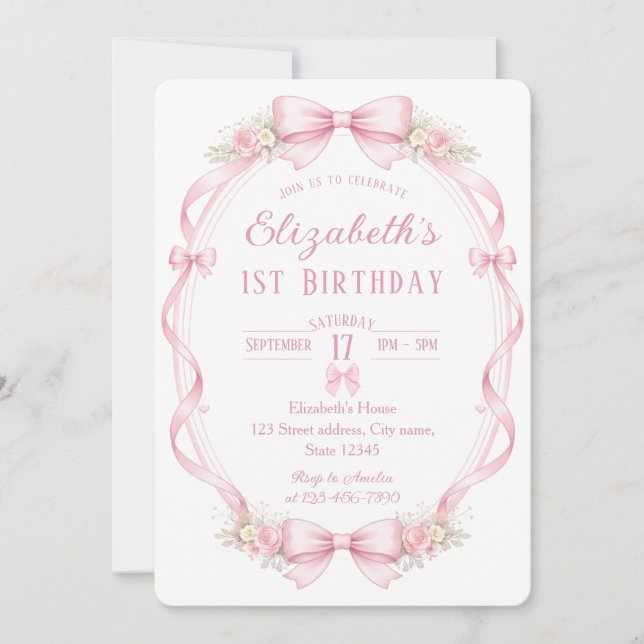 Watercolor Pink Bow First Birthday Invitation (Front)
