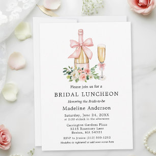 Watercolor Pink Bow Floral Bridal Shower Luncheon Invitation